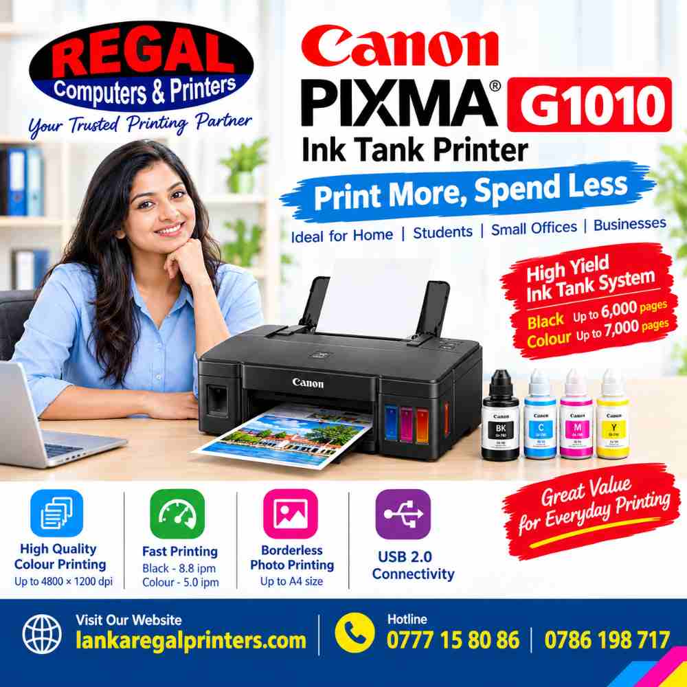 Canon PIXMA G1010 ink tank printer with high-yield ink bottles – Regal Computers and Printers Sri Lanka